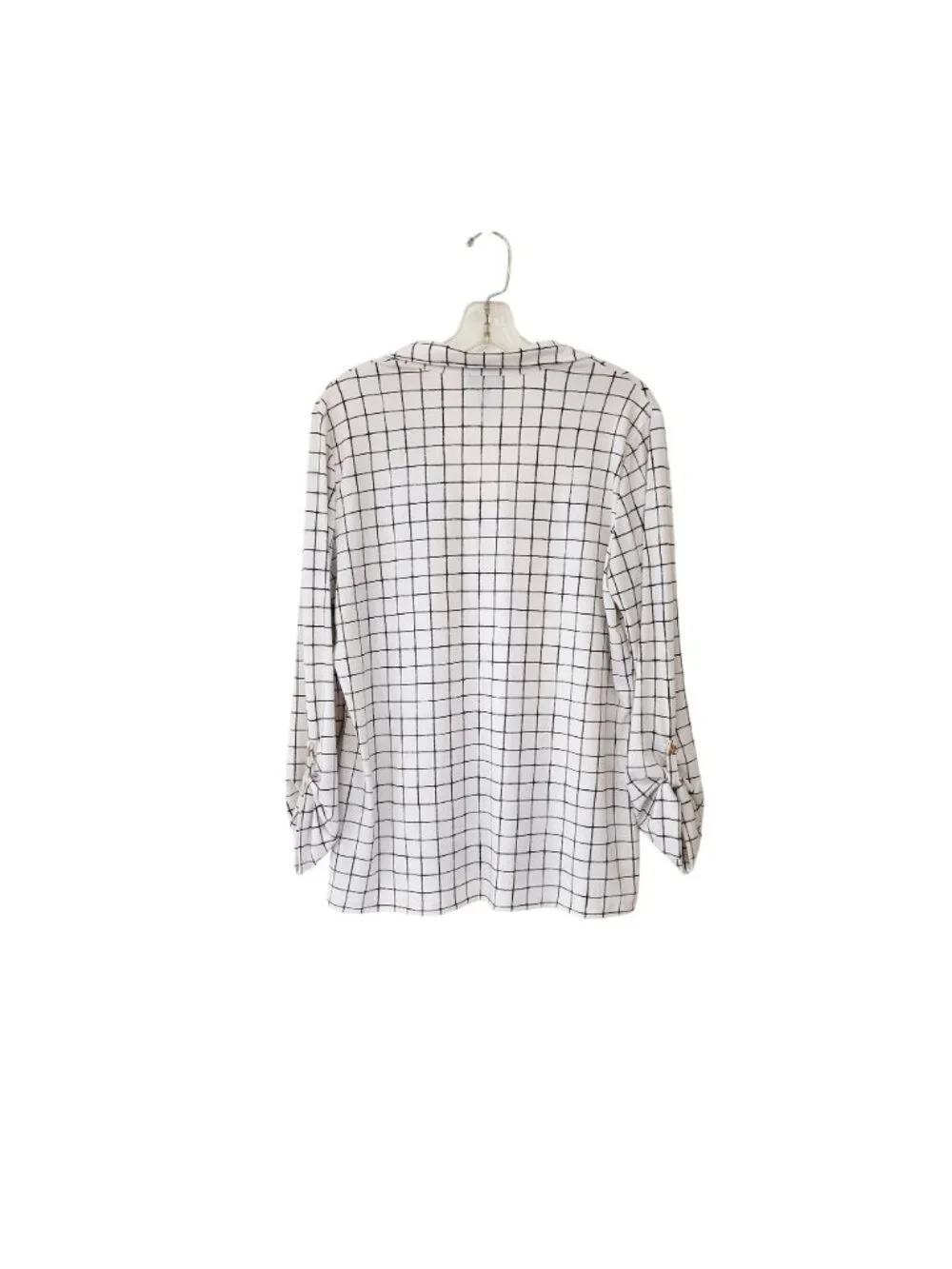 Jones New York Windowpane Pattern Long Sleeve Blouse Roll-Tab Sleeves Chest Pock - Picture 2 of 5